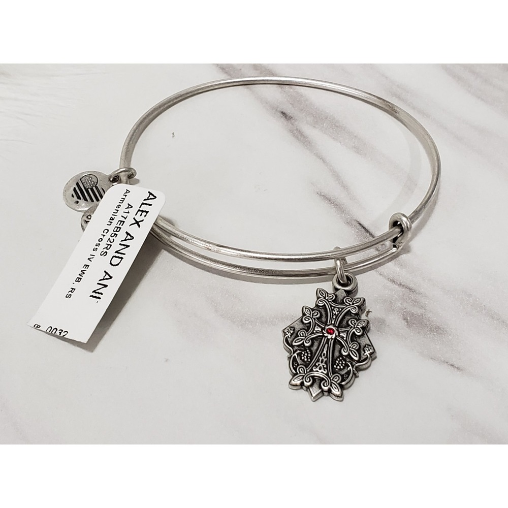 NEW Alex And Ani " Armenian Cross " Silver Charm Bangle Bracelet Adjustable Gift